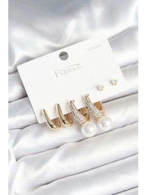 Luord-Store Pirinç Gold Renk Zirkon Taşlı Inci Detaylı 925 Ayar Gümüş Çivili Kadın Küpe Seti