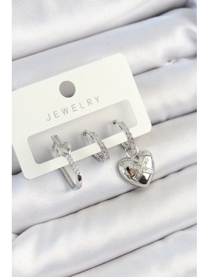 Luord-Store Pirinç Zirkon Taşlı Model Gümüş Renk 3'lü Çift Kadın Küpe Set