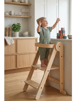 Mamatoyz Fold Natural Katlanır Öğrenme Kulesi - Katlanabilir Mutfak yardımcısı - Portatif Öğrenme Kulesi Natural Ahşap Rengi