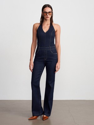 Dilvin 72310 Halter Yaka Denim Tulum-Lacivert
