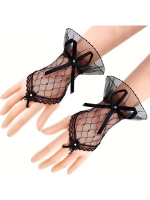 Luord-Store Siyah Dantel Fiyonklu Parmak Halkalı Kadın Eldiveni