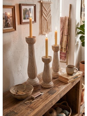 Maun 3’lü Egzotik Ahşap Obje ve Şamdan Seti - El Oyması Boho Stil Whitewash Dekor