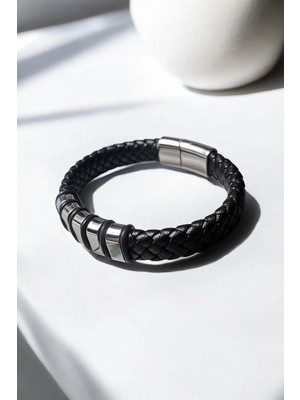 Luna Jewelry Erkek Siyah Titan Weave 316 L Çelik ve Deri Bileklik