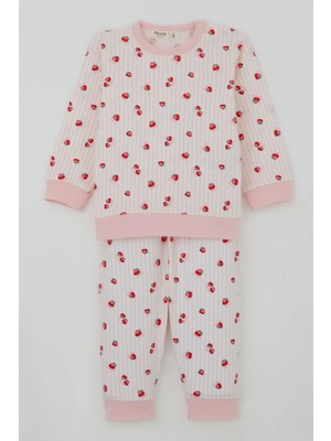 Breeze Kız Bebek Pijama Takımı Omuzdan Patlı Çilek Desenli 4 Ay-1 Yaş, Ekru