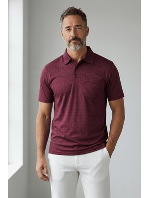 Erkek Simenti Yakalı Cepli Desenli Bordo Tshirt