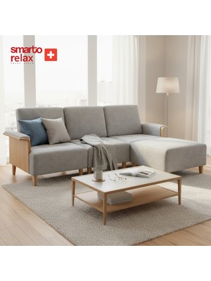 Smarto Relax Modüler Köşe Koltuk Takımı 270 cm (3’lü Koltuk + Puf) – Kolçaklı, Ahşap Iskelet, Polyester Kumaş, Ahşap Ayaklı – 4 Renk