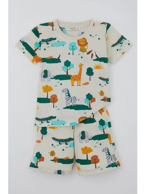 Breeze Erkek Çocuk Şortlu Pijama Takımı Safari Temalı Sevmli Hayvancıklar Desenli 1.5-5 Yaş, Sarı
