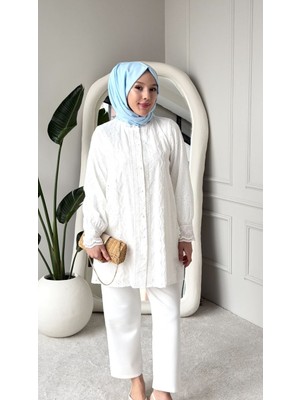 Trendparis Fisto Işlemeli Hakim Yaka Pamuklu Tunik Gömlek Beyaz