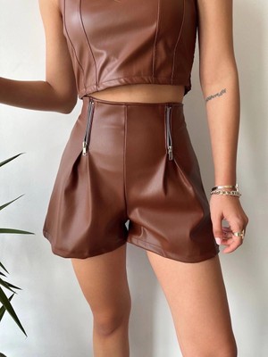 Luord-Store Çift Fermuarlı Deri Şort Kahve H24394