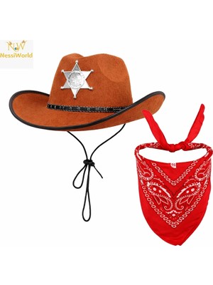 Luord-Store Çocuk Kovboy Şapka Rozetli Kahverengi &amp; Kırmızı Bandana Seti