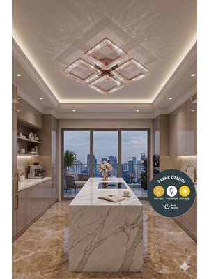 Lzy Avize Store 3 Renkli Kristal Kare 4’lü Gold Plafonyer Avize – Salon, Yemek Masası, Mutfak, Antre ve Çocuk Odası Aydınlatma