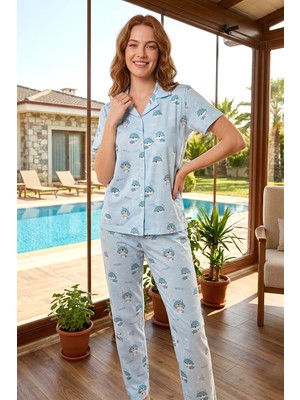 Remsa Kadın Kısa Kol Önü Düğmeli Milan Kumaş Pijama Takımı 50101-2472 Mavi