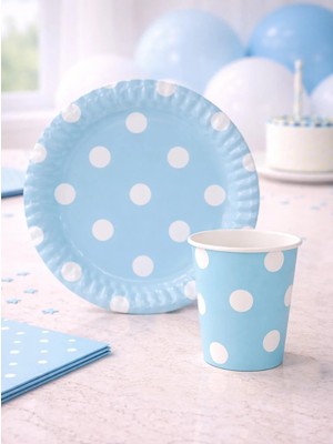 Parti Adresi Mavi Beyaz Puantiyeli Karton Tabak & Bardak Seti 8'li