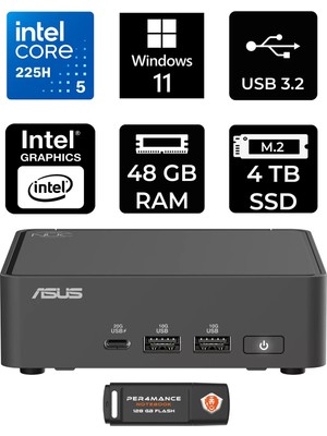 Asus Nuc 15 Pro Slim Intel Core Ultra 5 225H 48GB 4tb SSD W11H Mini Masaüstü Bilgisayar & Per4 USB Bellek RNUC15CRKU500002P360
