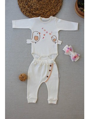 Luord-Store 3-6 6-9 9-12 Ay Şarkıcı Kuşlar Nakışlı Bandanalı Uzun Kollu Zıbınlı 3lü Kız Bebek Takımı Ekru