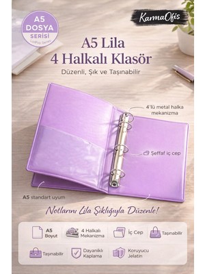 Karmaofis A5 Lila 4 Halkalı Klasör – Şeffaf Iç Cepli Dayanıklı Kaplama A5 Dosya Organizer