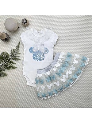 Luord-Store 1-2-3 Yaş Payetli Mickey Nakışlı Kısa Kollu Brode Etekli 2li Kız Bebek Takımı Turkuaz