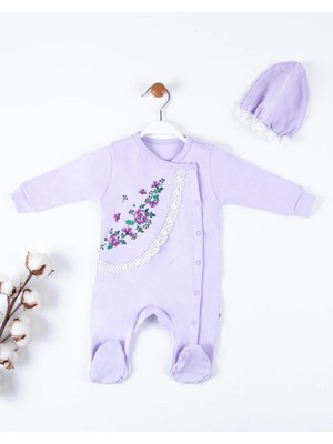 Luord-Store Çiçek Nakışlı Şapkalı % 100 Pamuk Kız Bebek Tulumu