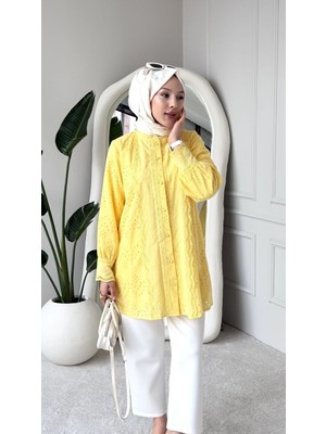 Trendparis Fisto Işlemeli Hakim Yaka Pamuklu Tunik Gömlek Sarı