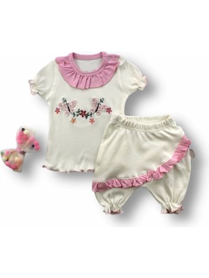 Luord-Store 6-9 9-12 12-18 Ay Çiçek Nakışlı Roman Şalvar Bandanalı Kısa Kollu Sweat 3lü Kız Bebek Takımı Pembe