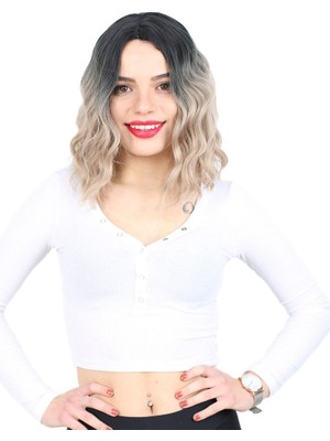 Luord-Store Fiber Sen Kısa Daalı Perçemsiz Peruk / Siyah / Küllü Bebek Sarı Ombreli