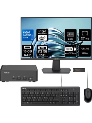 Asus Nuc 15 Pro Slim Intel Core Ultra 5 225H 16GB 512GB SSD 27" Fhd Monitör Fdos Mini Masaüstü Bilgisayar & Per4 USB Bellek RNUC15CRKU500002P521