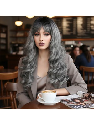 Luord-Store Daalı Perçemli Uzun Fiber Sen Peruk / Siyah / Gri Ombreli