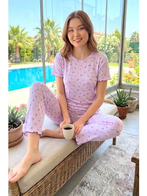 Remsa Kadın Desenli Pamuklu Kısa Kol Pointelle Kumaş Pijama Takımı 70753-3194 LILA01