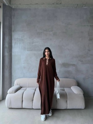 Luord-Store Pantolon Yırtmaçlı Elbise Ikili Triko Takım Kahve Elf