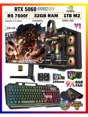 Zeiron Warrior Spine X12 Ryzen 5 7500F 32GB 1tb M.2 SSD RTX5060 27" 240Hz Sıvı Soğutmalı Oyuncu Bilgisayarı