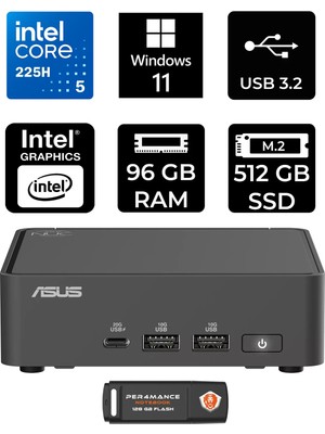 Asus Nuc 15 Pro Slim Intel Core Ultra 5 225H 96GB 512GB SSD W11H Mini Masaüstü Bilgisayar & Per4 USB Bellek RNUC15CRKU500002P369