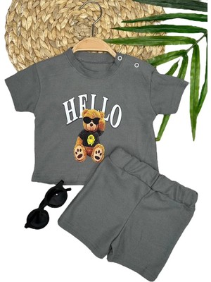 Luord-Store 9-12-18-24 Ay Hello Gözlüklü Ayıcık Baskılı Şortlu Kısa Kollu Tişört 2li Erkek Bebek Takımı