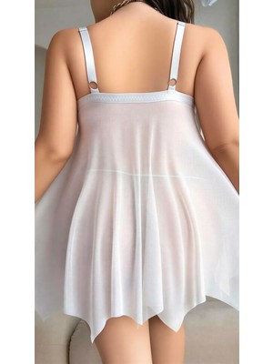 Luord-Store Luna Lora Büyük Beden Beyaz Ivory Whisper Kalın Askılı Kurdelalı Fantezi Tül Gecelik