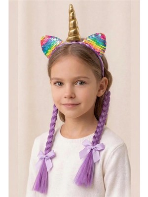 Petek Aksesuar Kız Çocuk Unicorn Örgülü Taç Saç Bandı