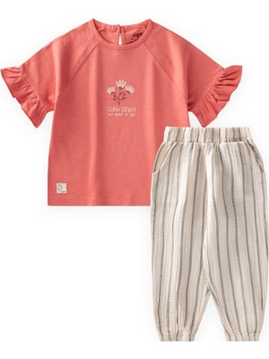 Cigit Slow Down Çiçek Baskılı Müslin Çizgili Pantolon Takım 2-10 Yaş Mercan