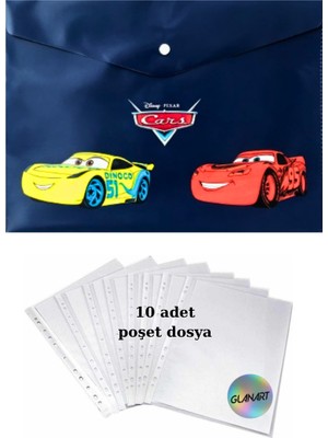 Glanart A4 Boy Çıt Çıt  Ödev Dosyası +10\' Lu Poşet Dosya  Arabalar Lacivert