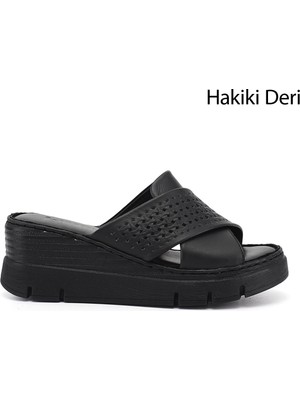 Gönderi(r) Kadın Siyah  Dolgu Topuklu Hakiki Deri Terlik