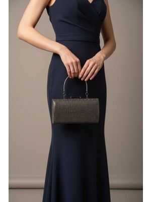 Enoch Kadın Sim Dokulu Antrasit Çerçeveli ve Taşlı El Saplı Minimalist Abiye Portföy Çanta