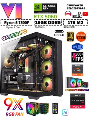 Zeiron Catre Pro X5 Ryzen 5 7500F 32GB DDR5 Ram 1TB M.2 Nvme SSD RTX5060 Sıvı Soğutmalı Oyuncu Bilgisayarı