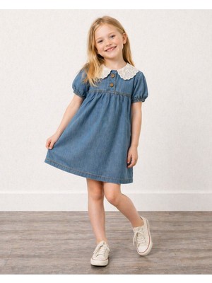 Yiğit Butik Kız Çocuk Kot Elbise Dantelli Yaka Şık Günlük Elbise