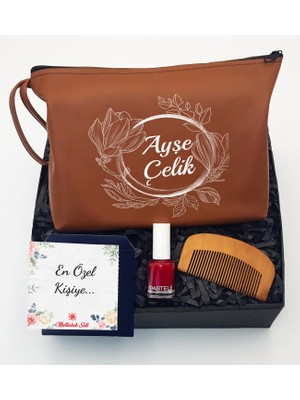 As Gift Kişiye Özel Kahverengi Makyaj Çantası & Tarak & Pastel Oje