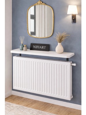 Feyza Design Oval Kesim Petek Üstü Uçan Raf Dresuar Kalorifer Peteği Rafı Kitaplık 100 x 18 cm Beyaz