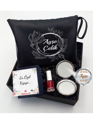 As Gift Kişiye Özel Siyah Makyaj Çantası & Makyaj Aynası & Pastel Oje