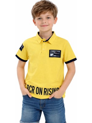 Bücürcan Erkek Çocuk Rising Yazı Desenli Düğme Kapamalı Polo Yaka Sarı Renk Tişört