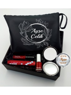 As Gift Kişiye Özel Siyah Makyaj Çantası & Makyaj Aynası & Pastel Maskara & Pastel Oje & Pastel Ruj