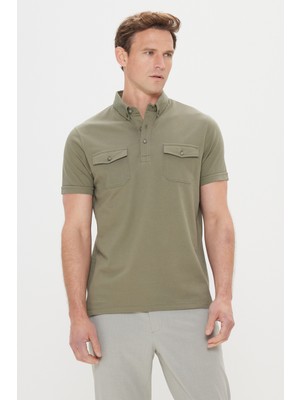 Altınyıldız Classics Erkek Haki %100 Pamuk Slim Fit Dar Kesim Polo Yaka Tişört