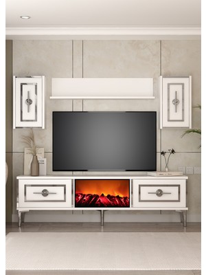 Demonte Decor TV0070-TXA150DD-32 Şömineli Tv Ünitesi Takımı Beyaz-Gümüş
