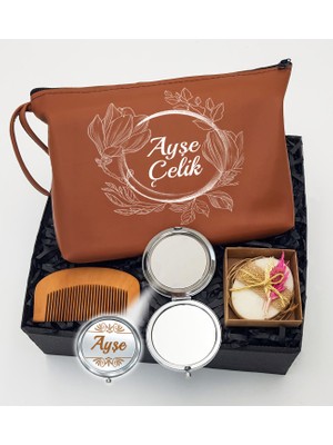 As Gift Kişiye Özel Kahverengi Makyaj Çantası & Tarak & Kokulu Sabun & Makyaj Aynası
