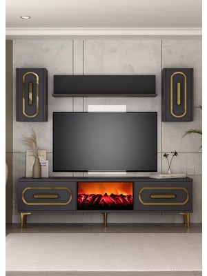 Demonte Decor TV0068-TXA150DD-128 Şömineli Tv Ünitesi Takımı Antrasit-Altın