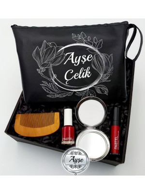 As Gift Kişiye Özel Siyah Makyaj Çantası & Makyaj Aynası & Pastel Oje & Pastel Ruj & Tarak